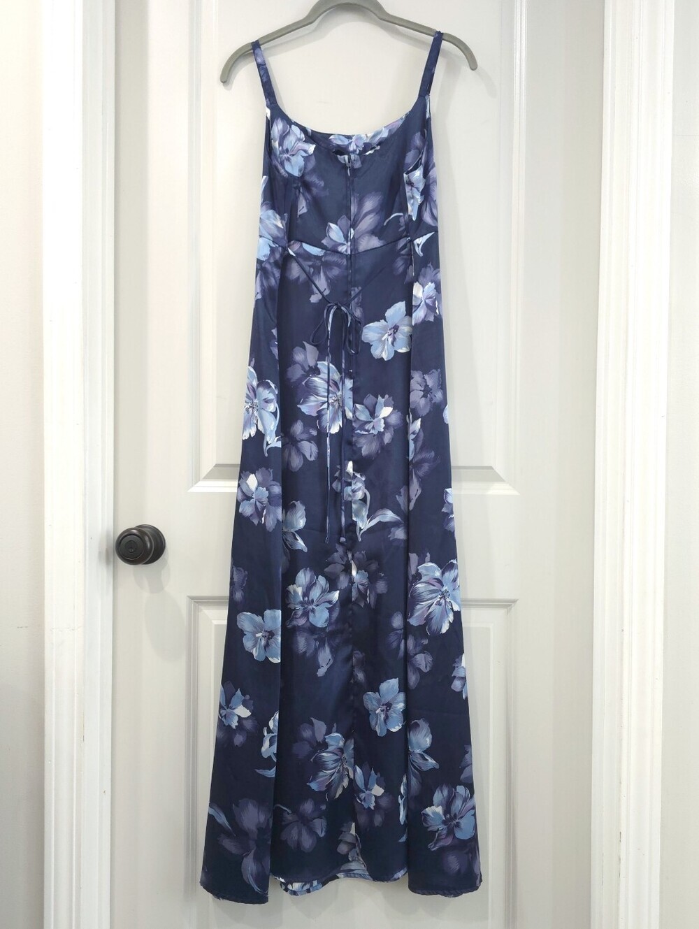 Miss Dorby Vintage Satin Navy Blue Floral Slip Maxi Dress, Wedding Guest - Picture 10 of 15